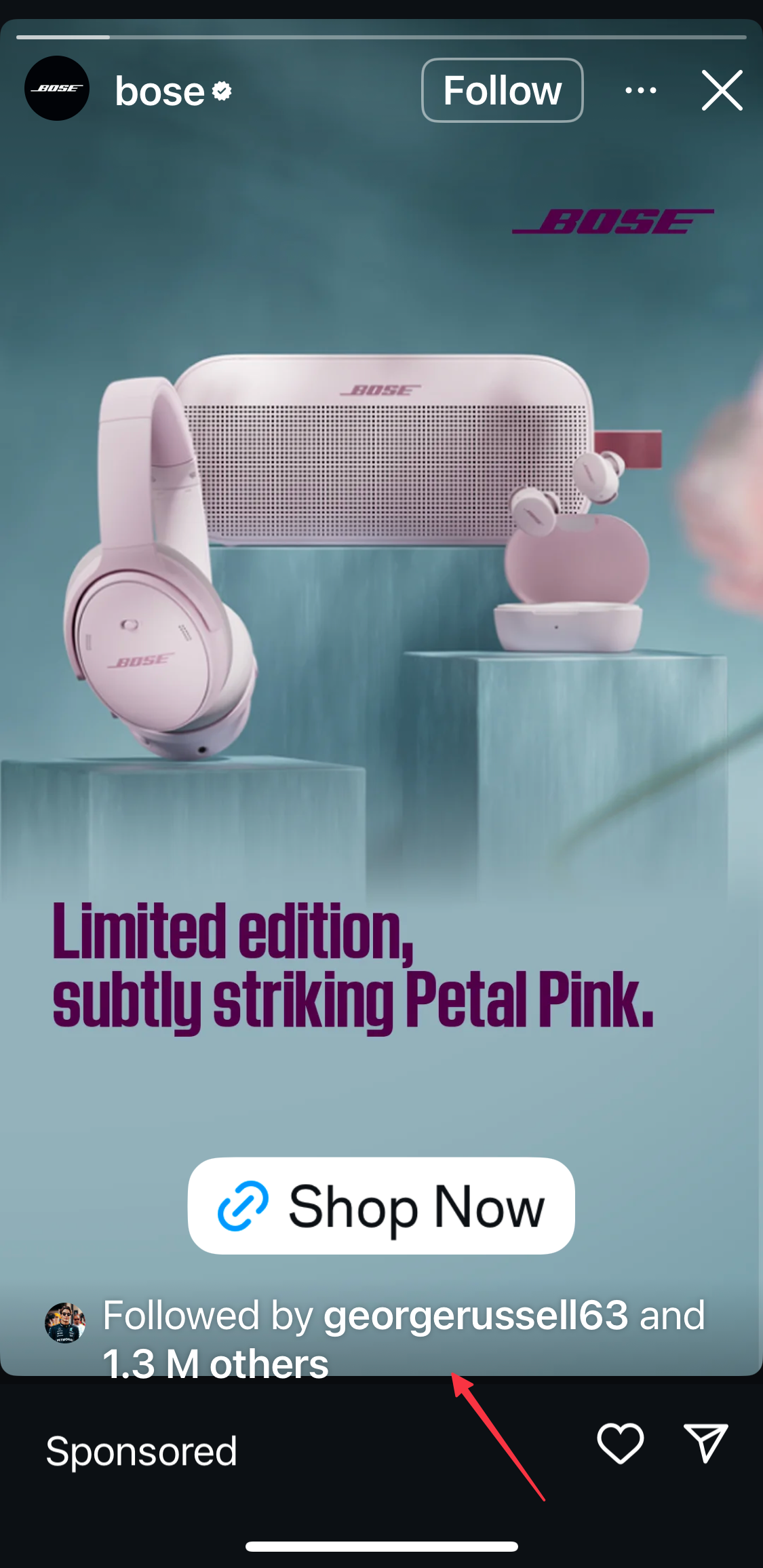 Instagram Story ad from Bose. The top shows the Bose username with a verified checkmark and a Follow button